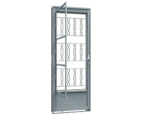 PORTA DE AÇO DE GIRO C/POSTIGO E GRADE MOSAICO. RIOBRAS AÇO