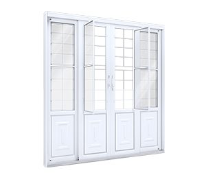 PORTA DE AÇO BALCÃO DE CORRER CENTRAL C/POSTIGO E GRADE QUADRADA 2FLS MÓVEIS E 2 FIXAS. LUCASA FACILITÀ