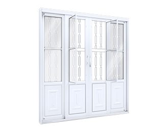 PORTA DE AÇO BALCÃO DE CORRER CENTRAL C/POSTIGO E GRADE MOSAICO 2FLS MÓVEIS E 2 FIXAS. LUCASA FACILITÀ