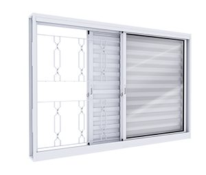 JANELA DE AÇO VENEZIANA CORRER LATERAL 2FLS MÓVEIS E 1 FIXA C/GRADE MOSAICO C/FECHO EMBUTIDO. LUCASA FACILITÀ