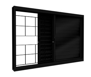 JANELA DE AÇO VENEZIANA CORRER LATERAL 2FLS MÓVEIS E 1 FIXA C/GRADE QUADRADA C/FECHO EMBUTIDO. LUCASA FACILITÀ