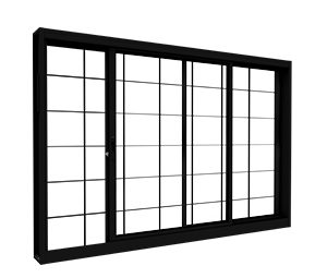 JANELA DE AÇO DE CORRER LATERAL 1FL MÓVEL 1FL FIXA C/GRADE QUADRADA C/FECHO EMBUTIDO EM ALUMÍNIO. LUCASA FACILITÀ