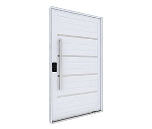 PORTA DE ALUMÍNIO PIVOTANTE LAMBRI C/ FRISO E PUXADOR DE 1M EM AÇO INOX COM FECHADURA DIGITAL - LUCASA ECCELLENTE