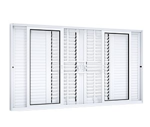 JANELA DE ALUMÍNIO VENEZIANA DE CORRER CENTRAL FLEX 4FLS MÓVEIS E 2FIXAS C/GRADE C/FECHO EMBUTIDO EM ALUMÍNIO. LUCASA ECCELLENTE