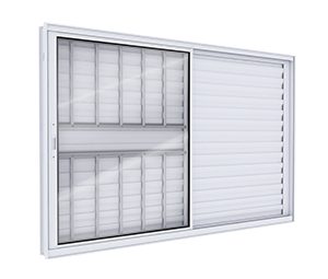 JANELA DE ALUMÍNIO VENEZIANA DE CORRER LATERAL 2FLS MÓVEIS E 1FIXA C/GRADE C/FECHO EMBUTIDO EM ALUMÍNIO. LUCASA IDEALE